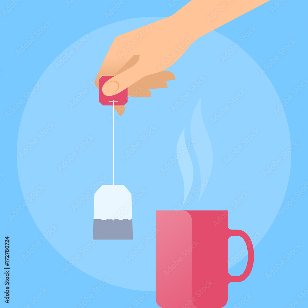 Human hand is brewing tea with tea bag. Concept illustration of male,  female hand with teabag and the hot red mug. Flat vector design elements.  Stock Vector | Adobe Stock