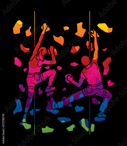 Man and woman climbing on the wall together, Hiking indoor designed using melting colors graphic vector.