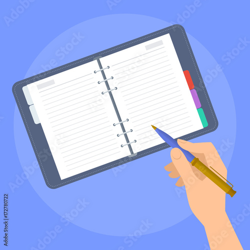 Human hand writes in the paper planner. Concept illustration of male, female hand with pen and business personal organizer. Flat vector design elements.