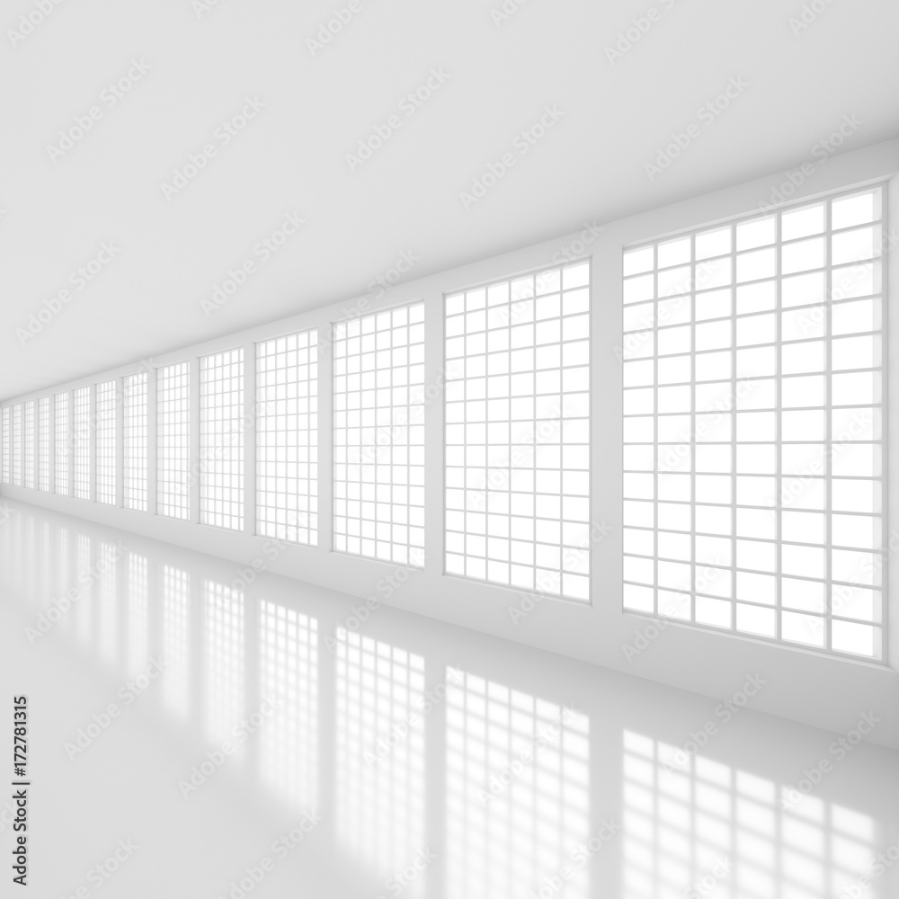 Futuristic empty white corridor with bright lights from windows and glossy floor. 3D Rendering. Futuristic empty white corridor with bright lights from windows and glossy floor. 3D Rendering.