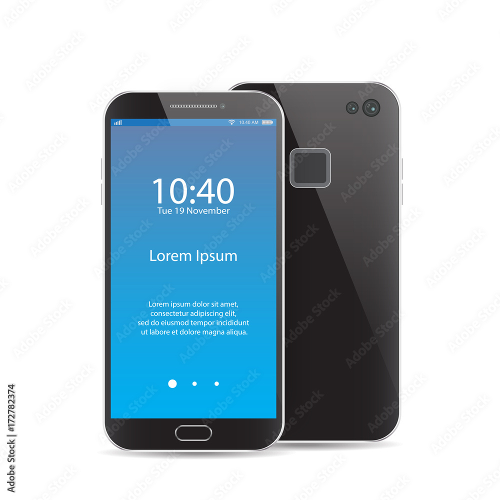 Modern black smartphone isolated. Front and back of Vector smartphone illustration. Cell phone mockup back view. Modern black smartphone isolated. Front and back of Vector smartphone illustration. Cell phone mockup back view.