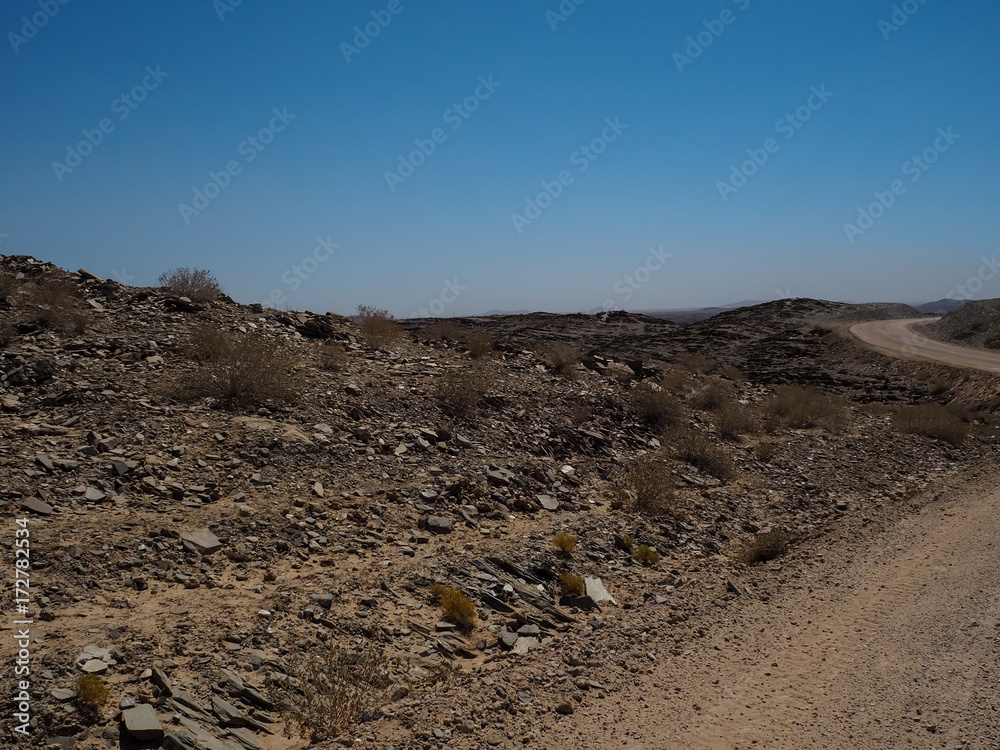 Adventure journey scene on dirt road trip through Namib desert drought landscape to mountain horizon with local plant, splitting stone and clear blue sky