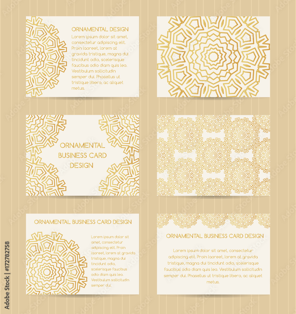 Business Cards 3 5 X 2 5 Inch Size Set Golden Mandala Decoration Eastern Oriental Muslim Arabic Japanese Islamic Style Vector Editable Design Templates Stock Vector Adobe Stock
