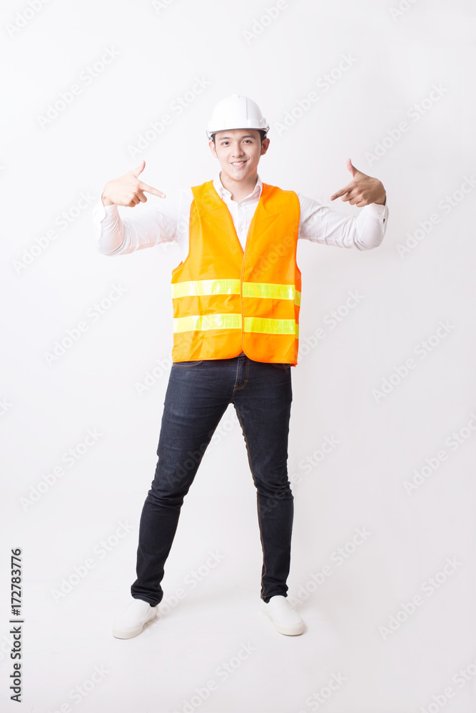 Portrait of Asian Engineer Designer in Isolated Background With Gesture Sign Portrait of Asian Engineer Designer in Isolated Background With Gesture Sign