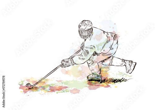 Watercolor sketch of Ice hockey player in vector illustration.