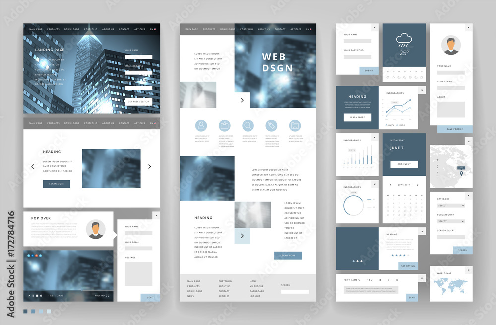 Website template design with interface elements