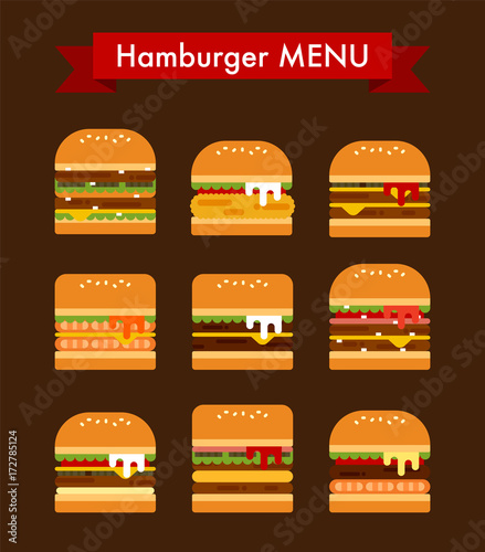 burger order menu vector flat design illustration set 