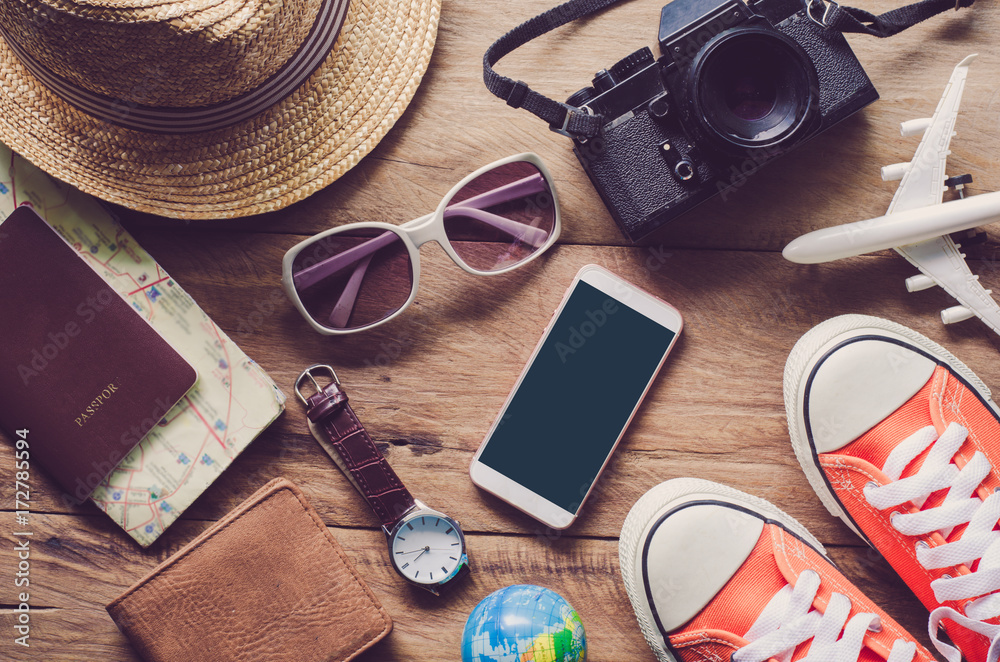 Travel accessories costumes. Passports, luggage, The cost of travel maps prepared for the trip Travel accessories costumes. Passports, luggage, The cost of travel maps prepared for the trip