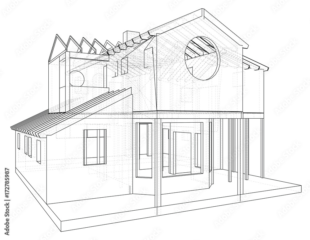 House structure architecture. Abstract drawing. Tracing illustration of 3d.