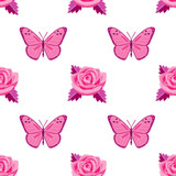 Roses and butterflies embroidery seamless pattern