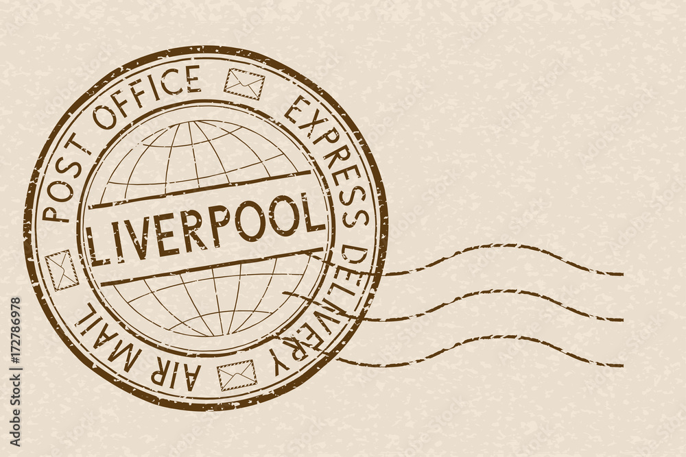 Obraz premium Postal stamp, round brown Express delivery postmark. LIVERPOOL. Vector illustration on beige background