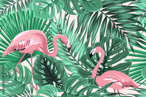Tropical seamless pattern texture with exotic green palm jungle tree monstera leaves and pink flamingo birds couple. Vector design illustration for background, decoration, fashion, fabric, textile.
