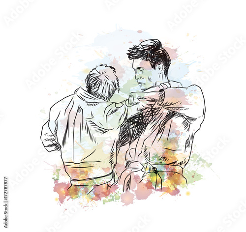 Watercolor sketch of Judo fight in vector illustration.