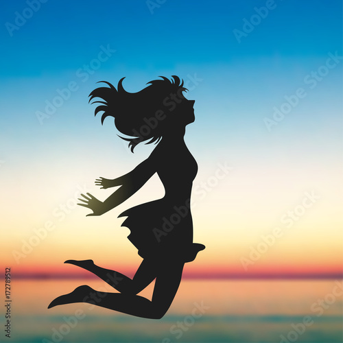 Jumping Girl Cartoon, Sunset, Seaside 