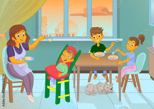 Nanny in the kitchen is feeding the child and family