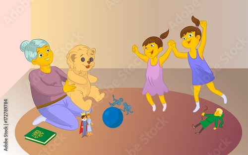 old baby sitter playng a game with childrens