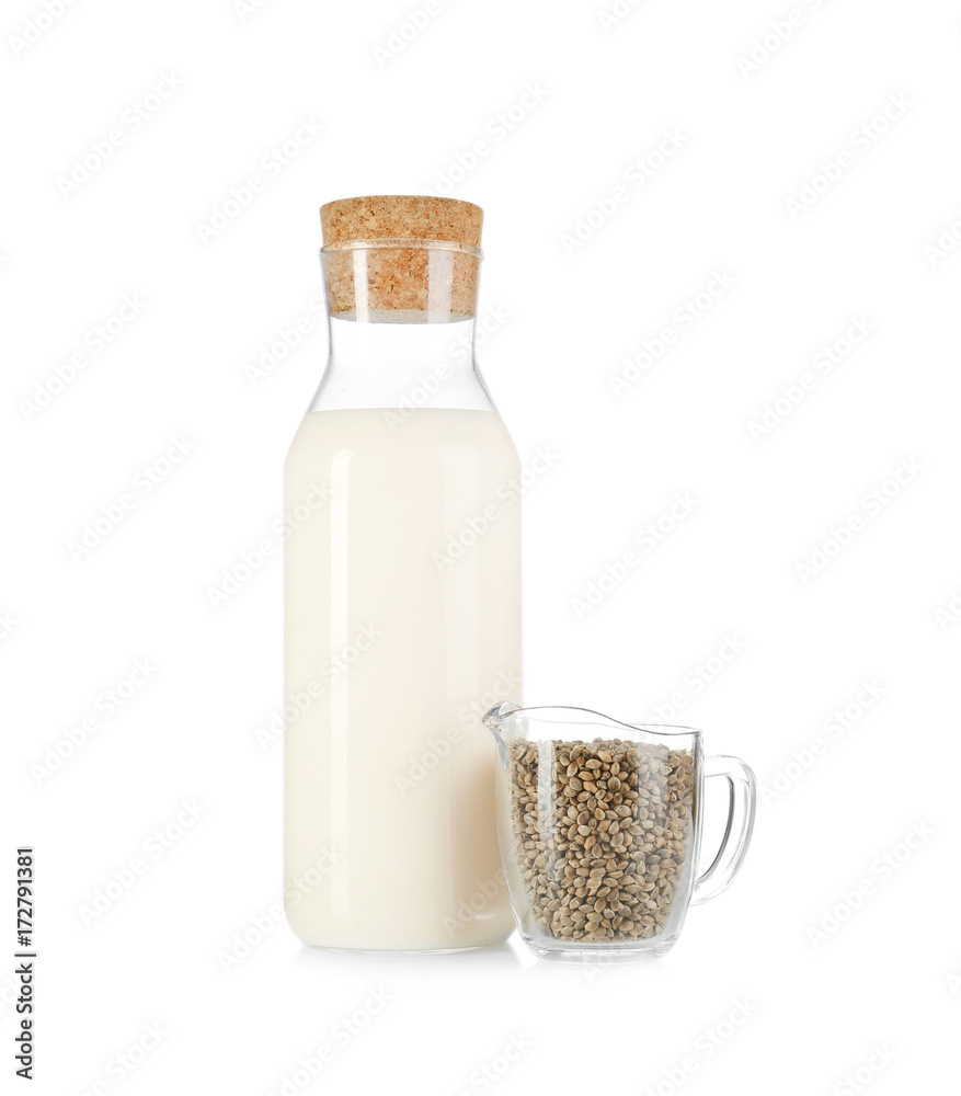 Bottle with hemp milk isolated on white Bottle with hemp milk isolated on white