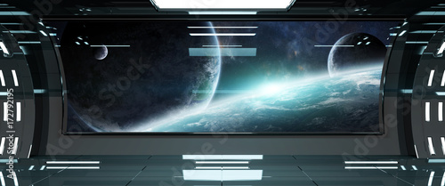 Fototapeta Naklejka Na Ścianę i Meble -  Spaceship interior with view on planets 3D rendering elements of this image furnished by NASA