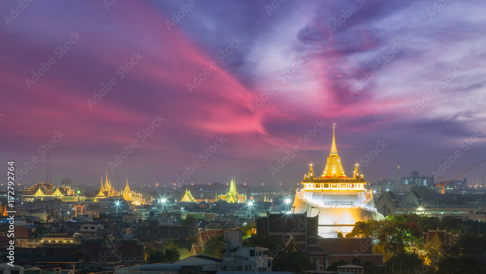 Panorama Golden mountain or Wat sraket  which is landmark in Bangkok, Thailand.