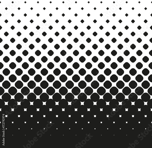 Horizontal seamless Halftone of big rounded squares decreases up, on white background. Contrasty halftone background. Vector