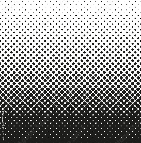 Horizontal seamless Halftone of rounded squares decreases up, on white background. Contrasty halftone background. Vector