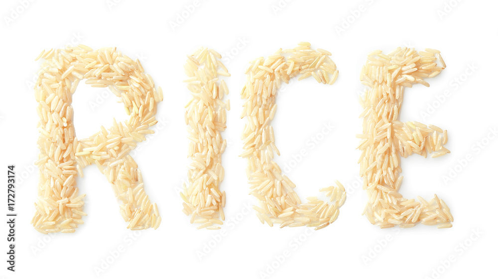 Composition with word Rice on white background Composition with word Rice on white background
