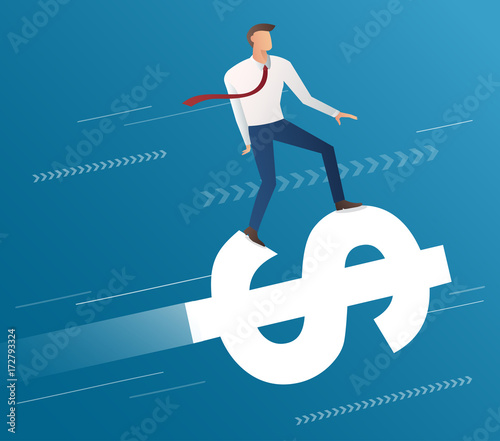 businessman ride on dollar icon and blue background, business concept illustration vector 