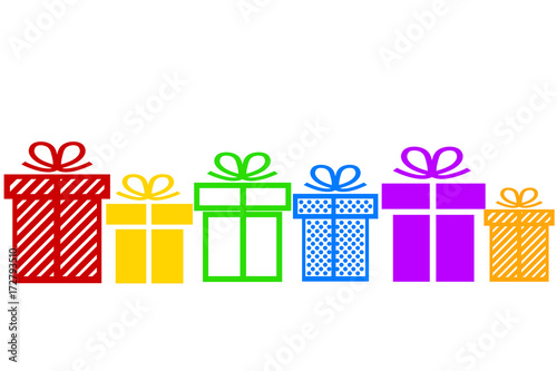 Holiday celebration greeting card design with colorful gift boxes; stock vector illustration