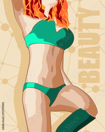 Beautiful sexy fitness girl. Pretty fit woman posing. Traditional colors of Ireland. Lines and dots backdrop with beauty word