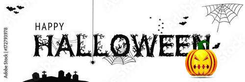 Happy Halloween - Banner mit kalligrafischen Schriftzug, Fledermäusen und Spinnennetz. Halloween pumpkin with scary face.