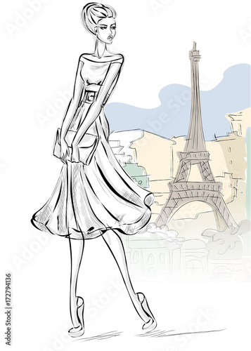 Sketch style fashion woman near Eiffel tower in Paris, beautiful girl at city background vector illustration