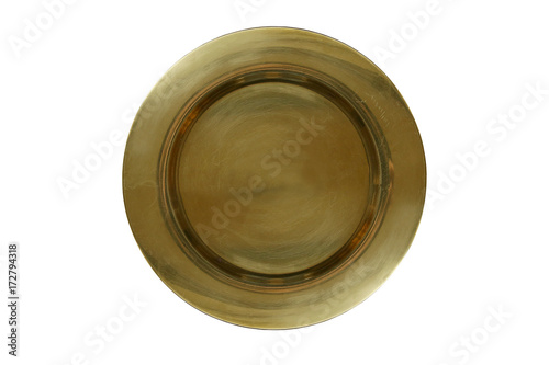 Vintage brass plate isolated on white background. Empty old metal plate or tray.