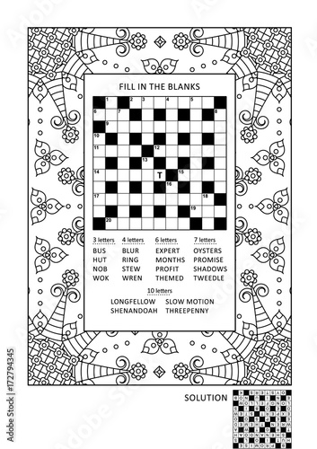 Crossword puzzle and coloring activity page for grown-ups with criss-cross, or fill in, else kriss-kross word game (English) and wide decorative frame to color. Family friendly. Answer included. photo