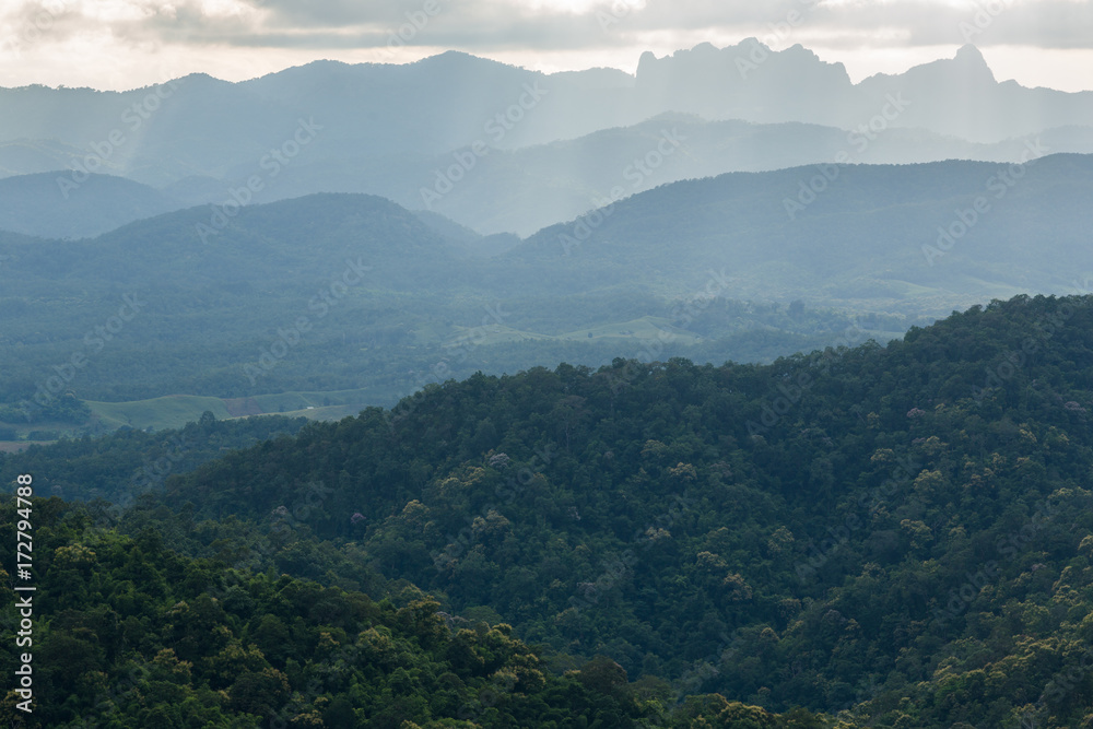 Mountains and clouds curtain guards near dusk at Khun Pra War, Mae Sot, Tak, Thailand Mountains and clouds curtain guards near dusk at Khun Pra War, Mae Sot, Tak, Thailand