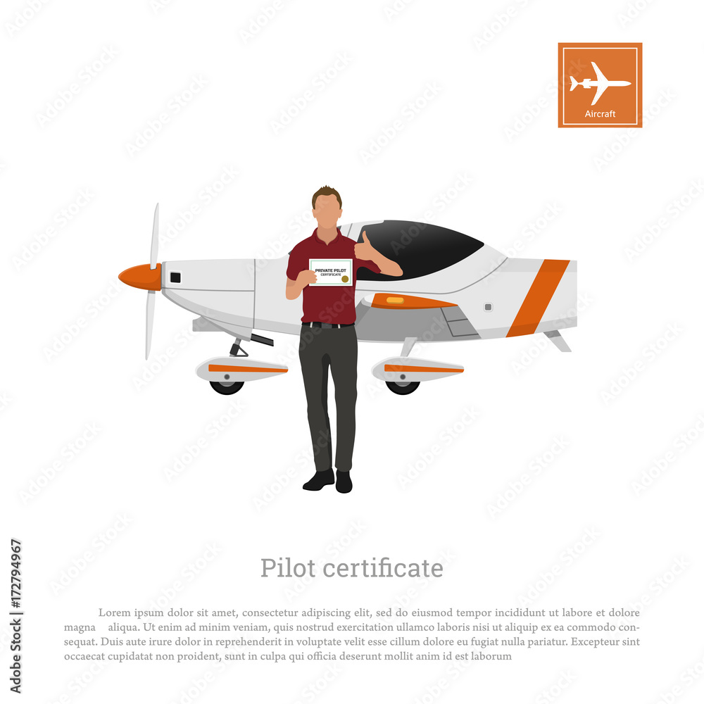 Naklejka Flying academy. Aviator and airplane on a white background. Training aircraft. Man with a pilot's certificate. Vector illustration
