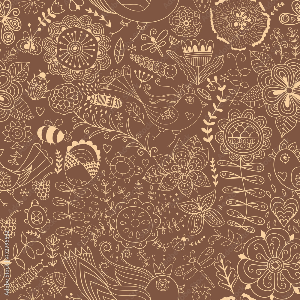 Colorful seamless botanic texture, detailed flowers illustrations