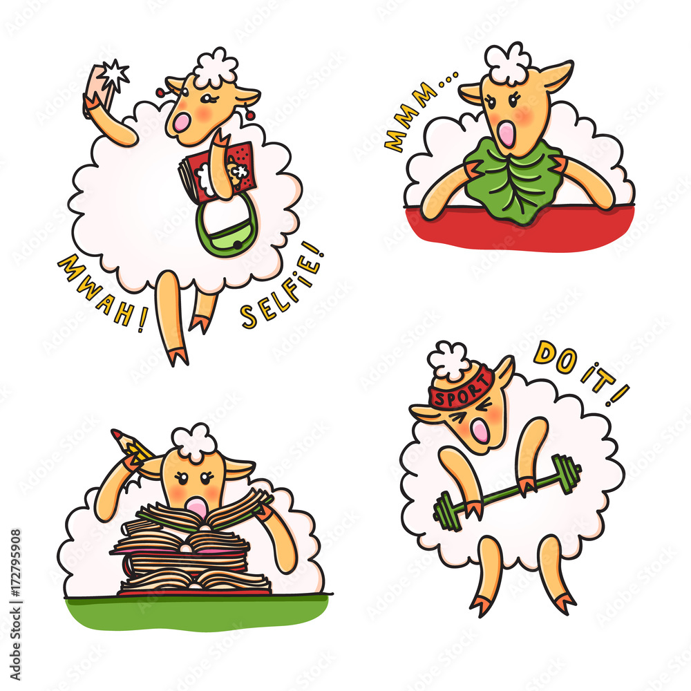 Vector set of funny sheep with different emotions. Cartoon animal characters, good for stickers, children's stuff, printed materials.