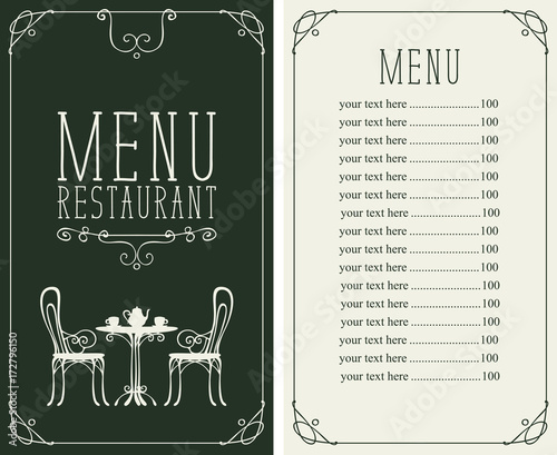 Vector menu for restaurant or cafe with a price list and a table, chairs and tea in a curly frame in the art Deco style