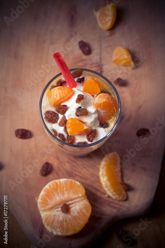 Fresh fruit mandarin yoghurt and raisins