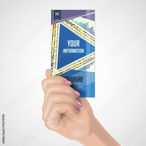 The realistic elegant female hand holds the brochure. Vector illustration. The image for advertizing of cosmetic services, a make-up, beauty shops. Female wrist. Beautiful well-groomed hand.
