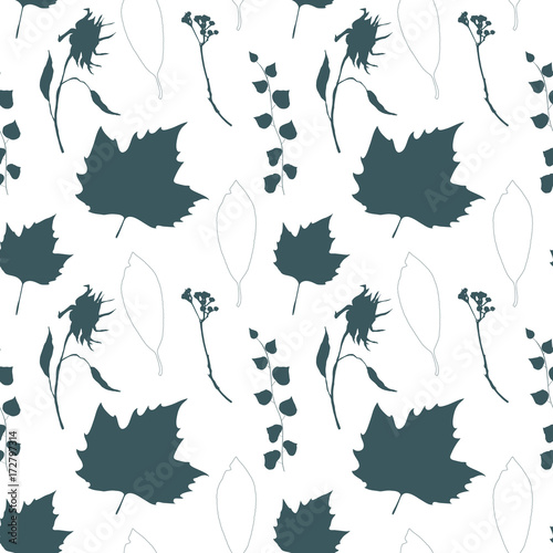 Floral vector seamless pattern with wild flowers, platan or maple and ivy leaves and twigs with berries.