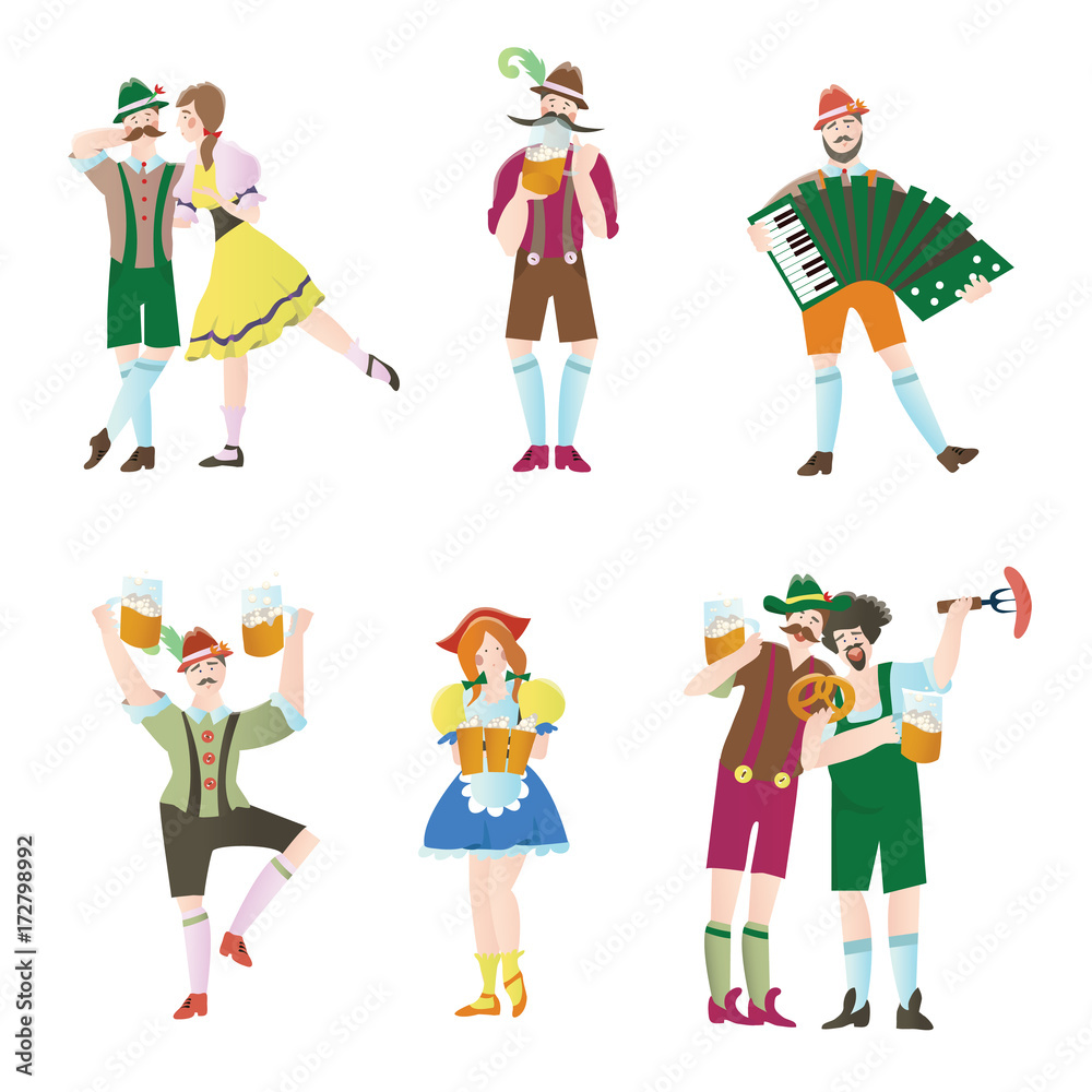 Set of men and women at Octoberfest. Characters in national costumes. Vector flat illustration for restaurant or bar menu, isolated on white background.