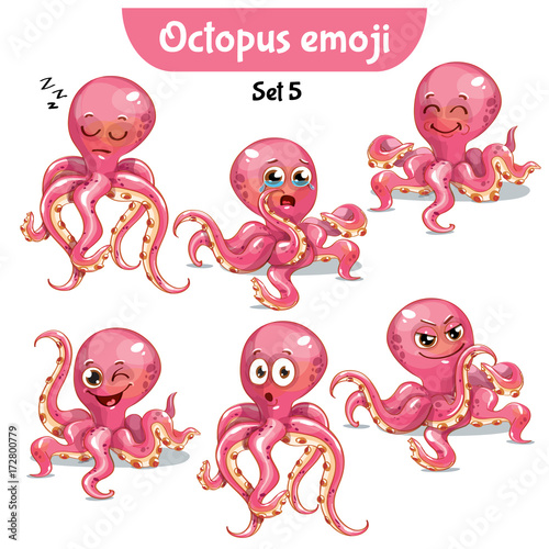 Vector set of cute octopus characters. Set 5