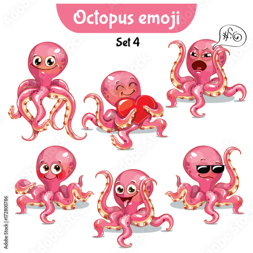 Vector set of cute octopus characters. Set 4