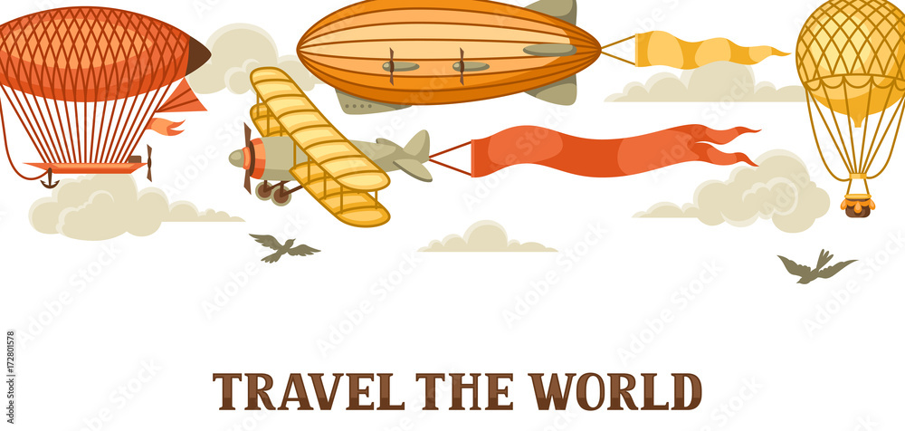 Travel banner with retro air transport. Vintage aerostat airship, blimp ...