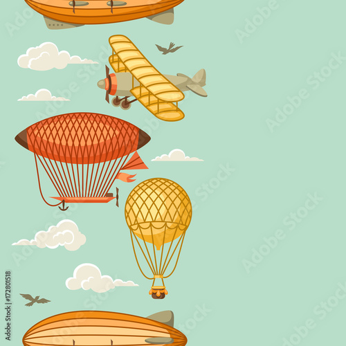 Seamless pattern with retro air transport. Vintage aerostat airship, blimp and plain in cloudy sky