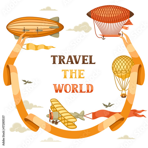 Travel background with retro air transport. Vintage aerostat airship, blimp and plain in cloudy sky