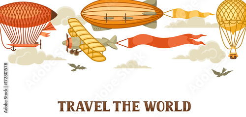 Travel banner with retro air transport. Vintage aerostat airship, blimp and plain in cloudy sky