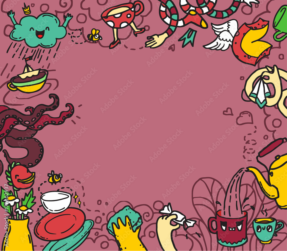 Fototapeta premium Cartoon cute doodles hand drawn dishwashing design. Colorful detailed, with lots of objects background. Funny illustration. Bright colors border with dishwashing theme items