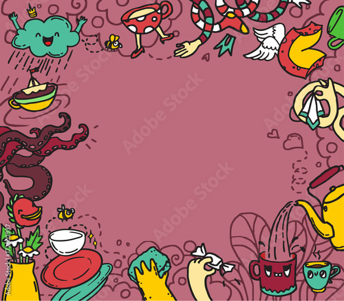 Cartoon cute doodles hand drawn dishwashing design. Colorful detailed, with lots of objects background. Funny illustration. Bright colors border with dishwashing theme items